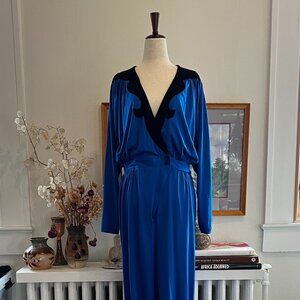Oscar de la Renta for Swirl Blue Silk Jumpsuit | Black Velvet Trim | Vintage